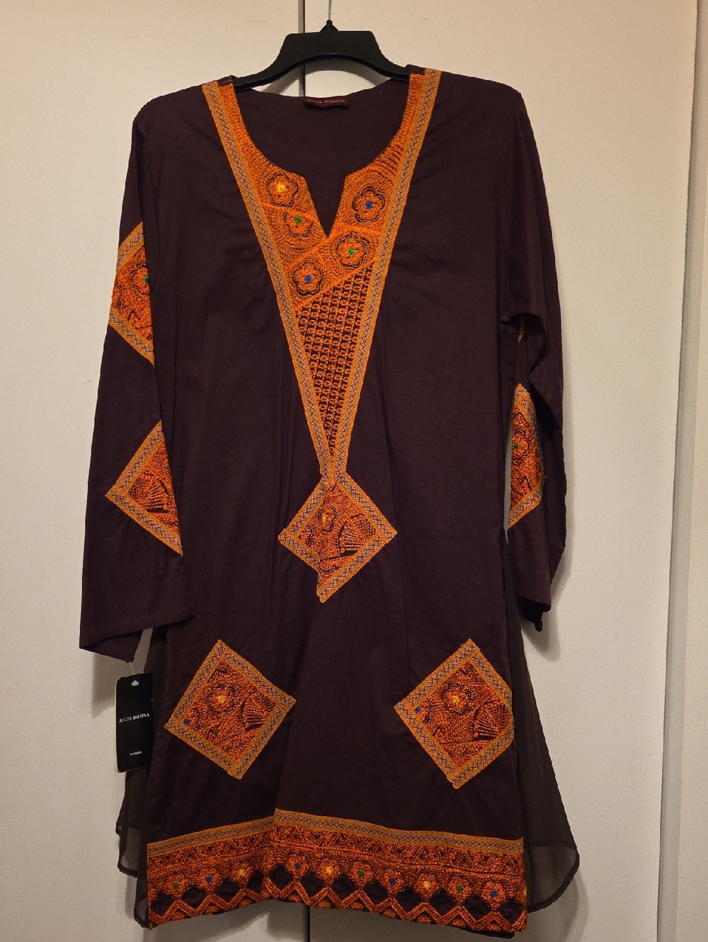 Embroidered Long Sleeve Dress in Brown with Orange Accents